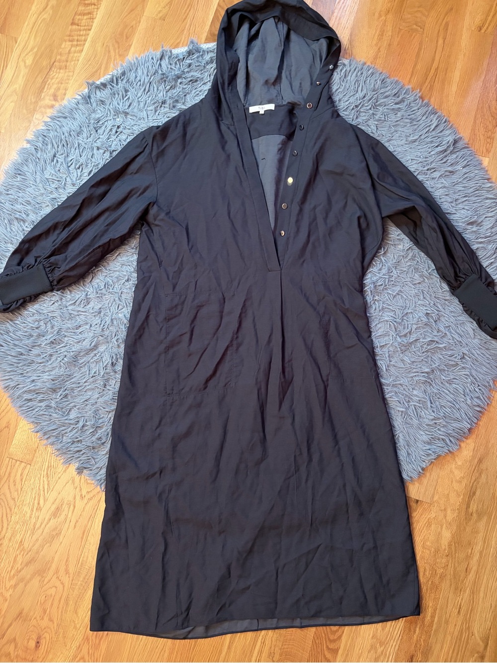 $1095 Tibi Navy Long-Sleeve Hooded Utility Midi Dress Size M